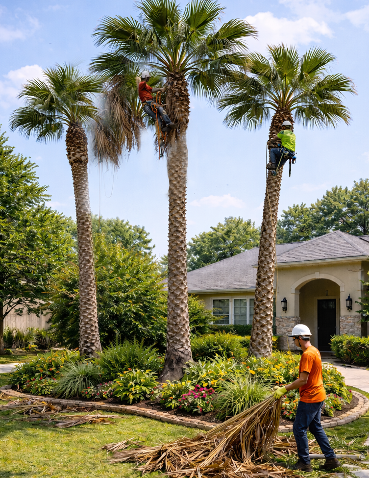 photo of palm tree trimming service being worked on, in Houston and surrounding areas